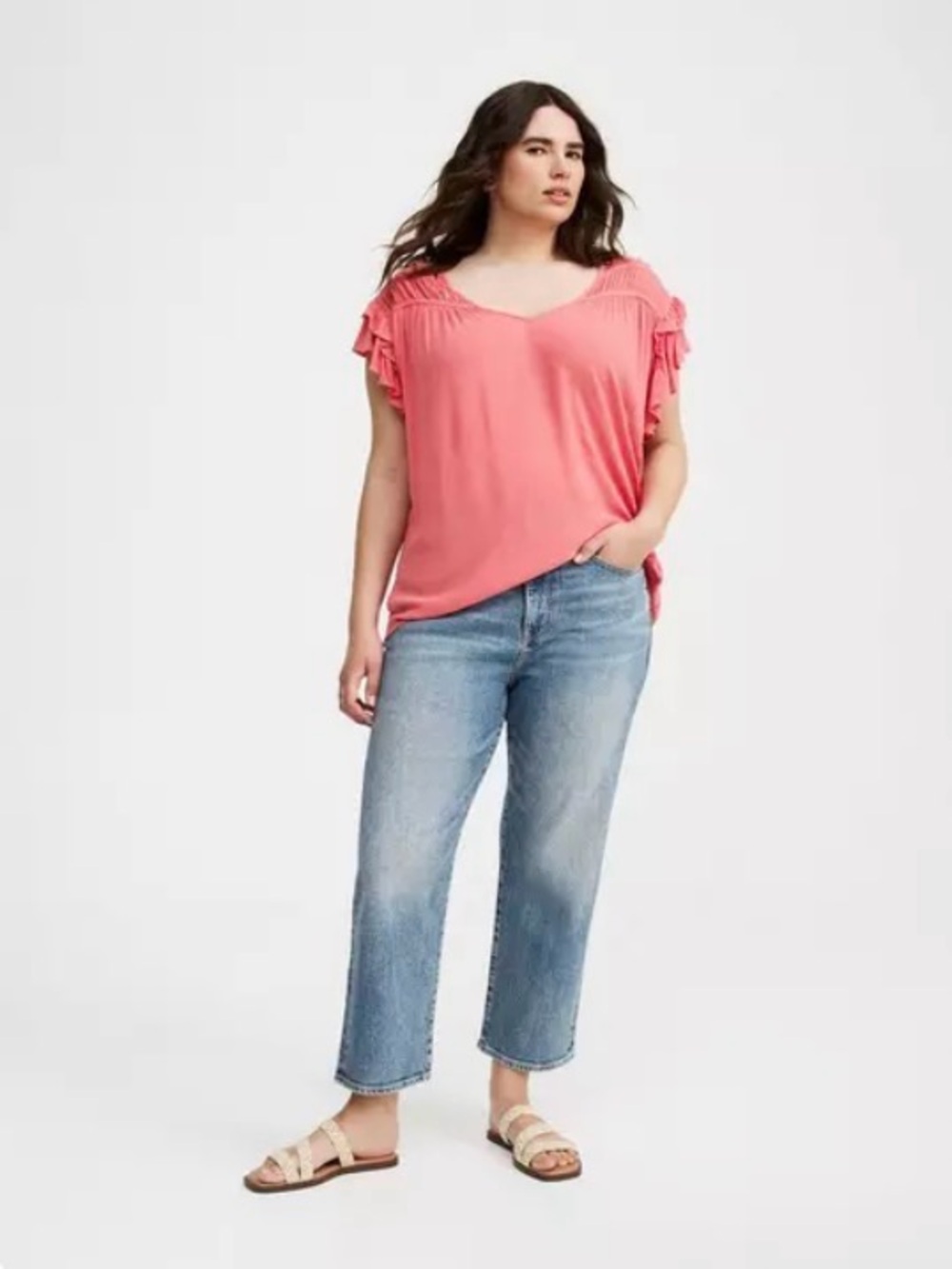 NWT Torrid Coral Pink V-Neck Ruffle Sleeve Top